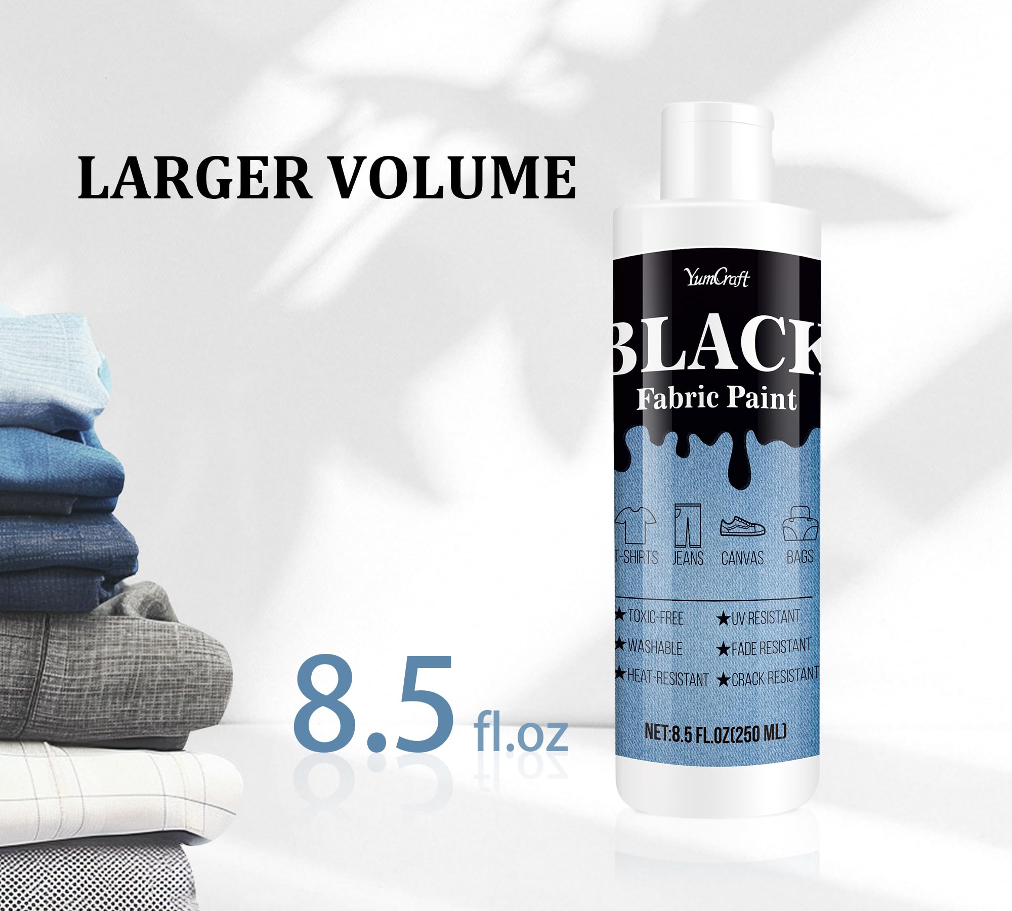 Fabric Paint Black, 8.5oz Fabric Paint for Clothes Permanent, Fabricoat Textile Paint Non-Toxic, Clothing Medium Dye Soft for Fabric Diy Crafts, T-Shirts, Shoes, Jeans, Canvas, Leather