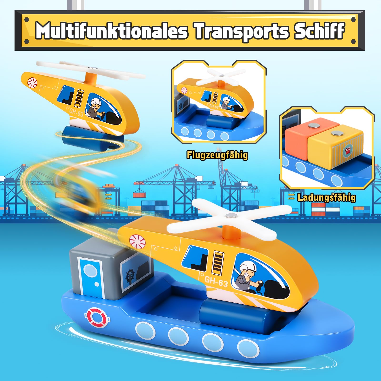 BuntWunder Baustellenfahrzeuge Kinder Kran Spielzeug, Baustelle Spielzeug ab 3 Jahre, Baufahrzeuge Kinder Holzspielzeug mit Turmkran Anhänger Gabelstapler Schiff, Geschenk Junge 3 4 5 Jahre 4