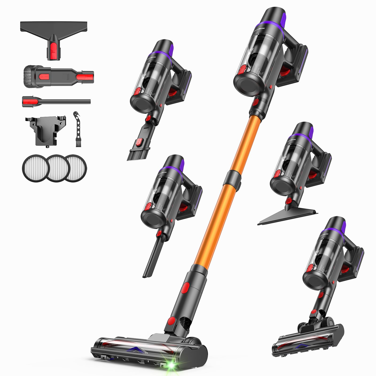 TechRise Akku Staubsauger 45000Pa/500W/60Min, Anti-Tangle-Bürste & 8-in-1-Funktion (Selbststehend) Staubsauger Kabellos mit Display, Stielstaubsauger für Zuhause, Tierhaare/Teppiche/Hartböden