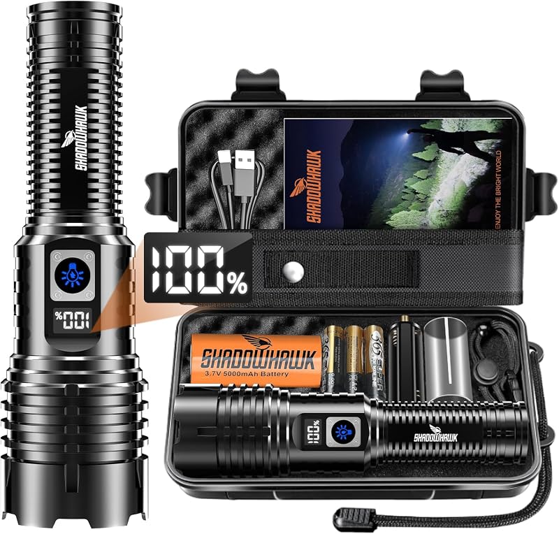 Shadowhawk LED Rechargeable Flashlight 500000L XHM77.2 Adjustable Focus