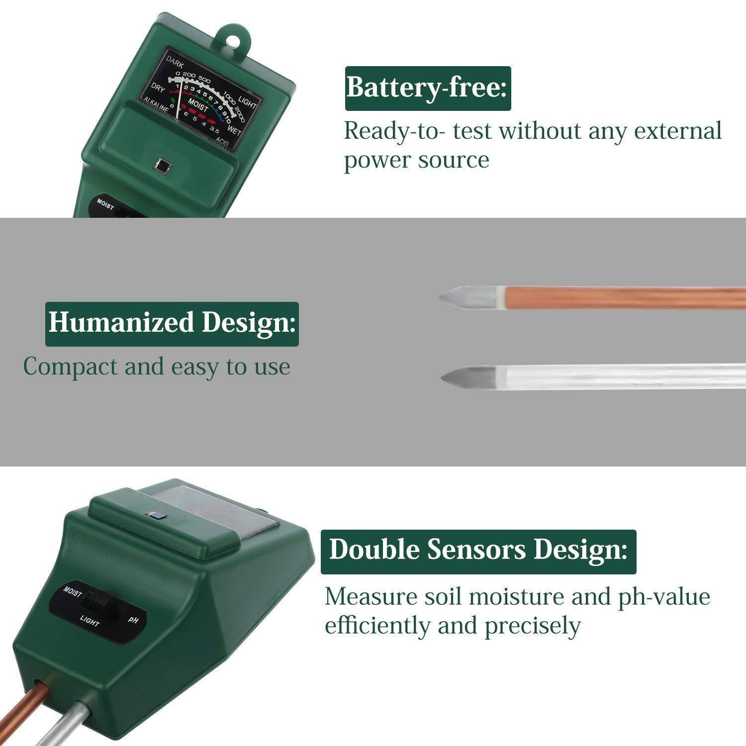 Aitere Soil pH Meter, MS01 3-in-1 Soil Moisture/Light/pH Tester Gardening Tool Kits for Plant Care, Great for Garden, Lawn, Farm, Indoor & Outdoor Use (Green)