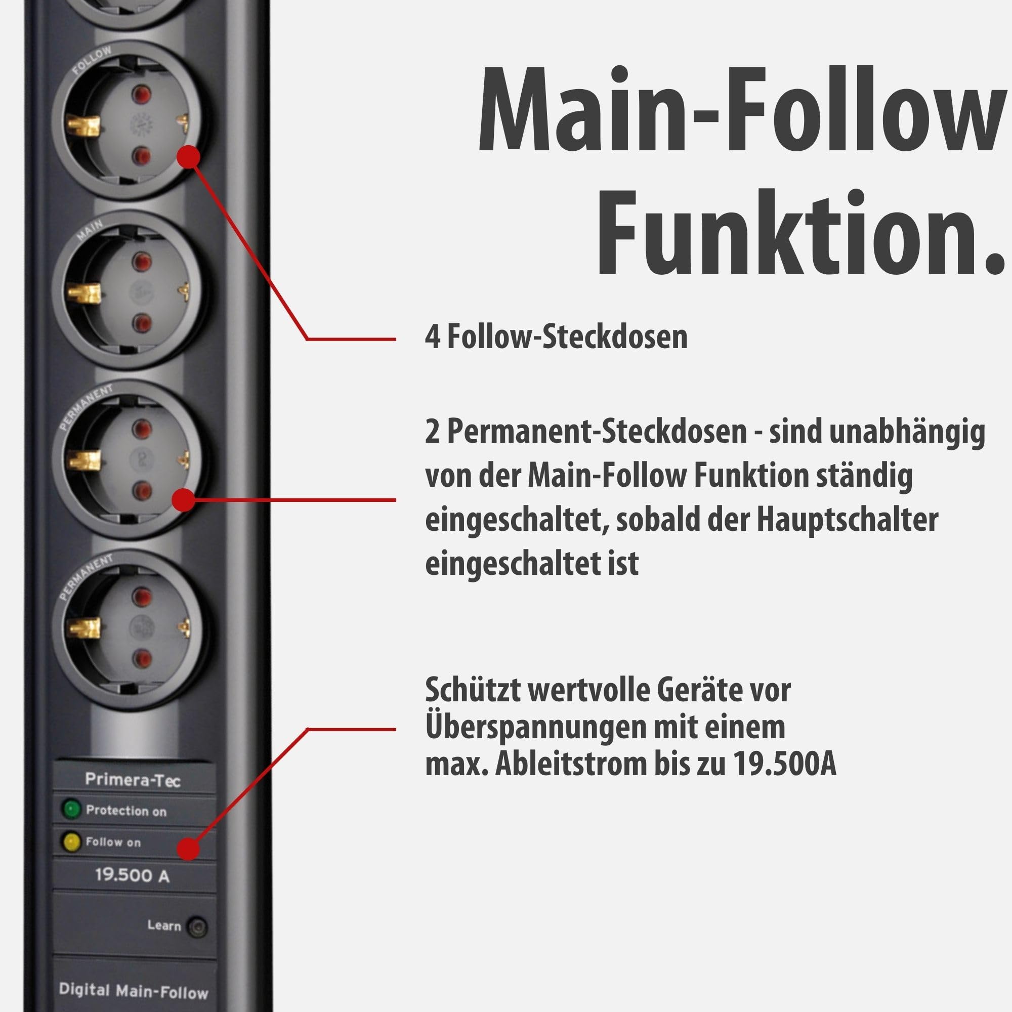 Brennenstuhl Primera-Tec Steckdosenleiste 7-Fach mit Überspannungsschutz 19.500A (Steckerleiste mit 2m Kabel, Schalter, Main Follow Funktion) schwarz 4