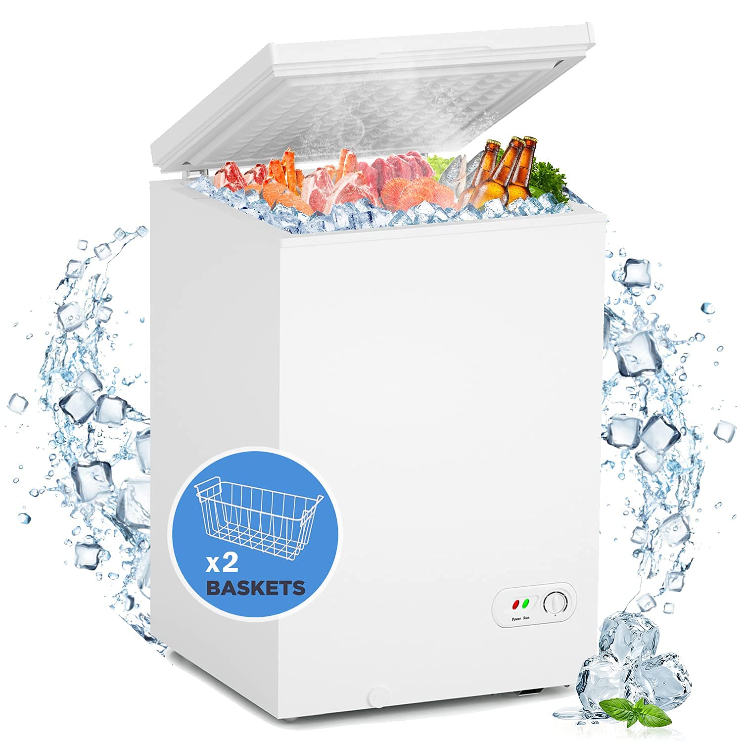 WATOOR 3.5 Cu.ft Chest Freezer Small Deep Freezer Mini Household Chest Freezers Upright with 2 Removable Baskets 7 Temperature Settings White