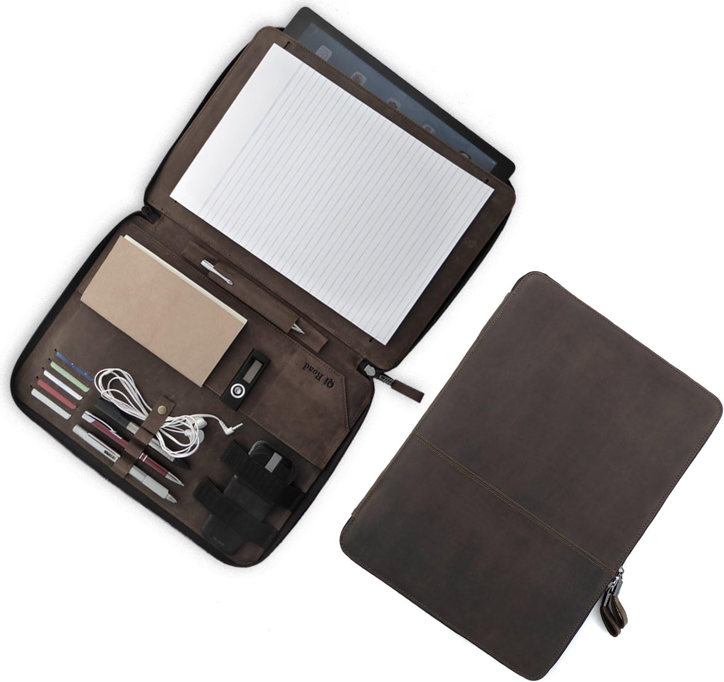 Qi Road Leather Zippered Portfolio Vintage Crazy Horse Padfolio 13 Inch Tablet Sleeve Right & Left Handed Dark Brown