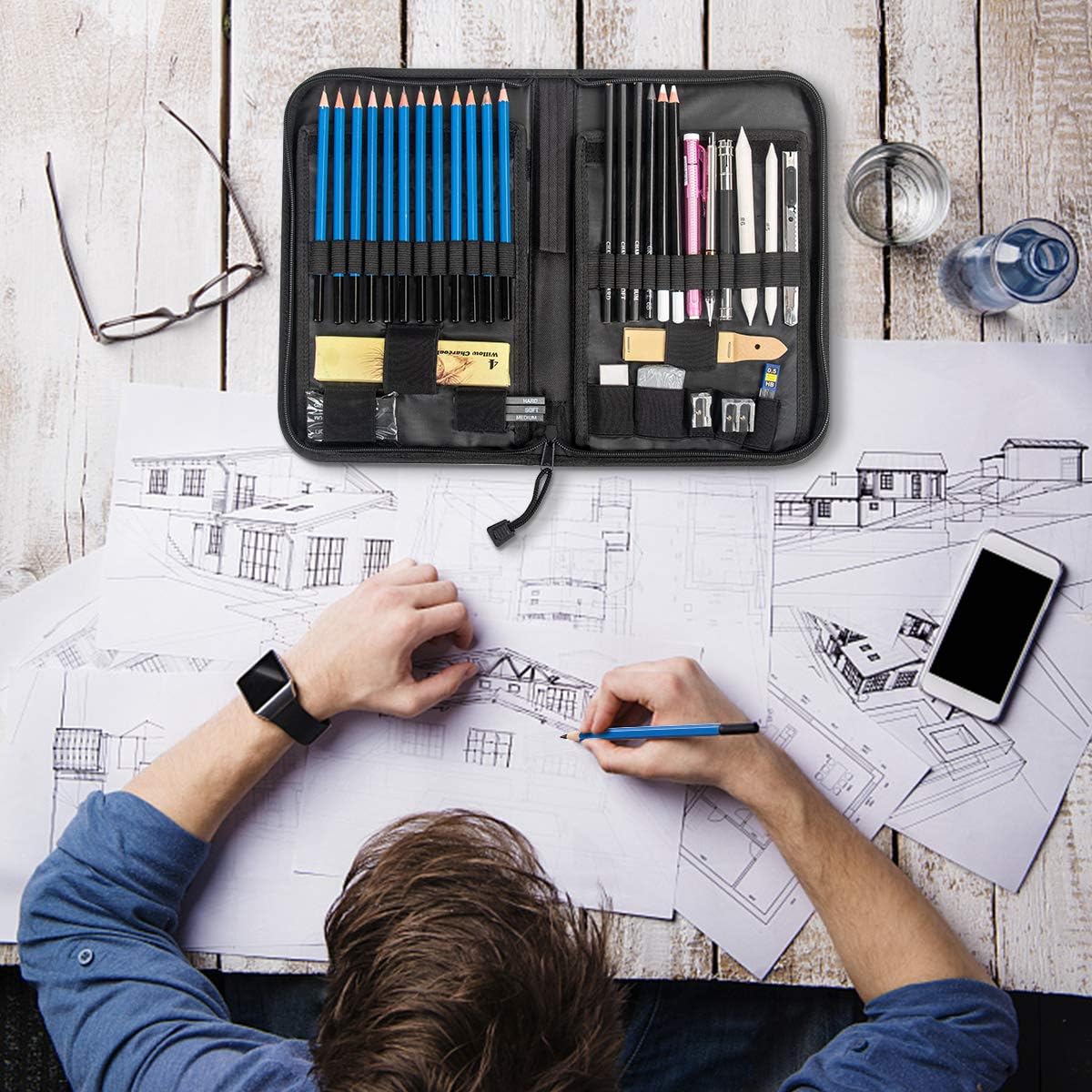 Wellwerks Professional Artist Drawing Kit, Graphite and Charcoal Drawing Pencils, Drawing Pencils Sketch Set-41PCS, Includes Sticks, Sharpeners, Erasers for Kids Teens Adults : Office Products