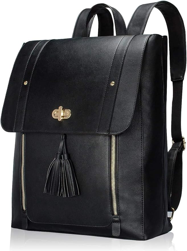Estarer Women Medium PU Leather Laptop Backpack 14",Black Satchel