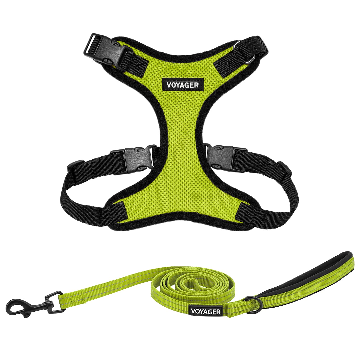 Voyager Step-in Lock Dog Harness w Reflective Dog Leash Combo Set with Neoprene Handle 5ft - Supports Small, Medium and Large Breed Puppies/Cats by Best Pet Supplies - Lime Green/Black Trim, XS — image 1