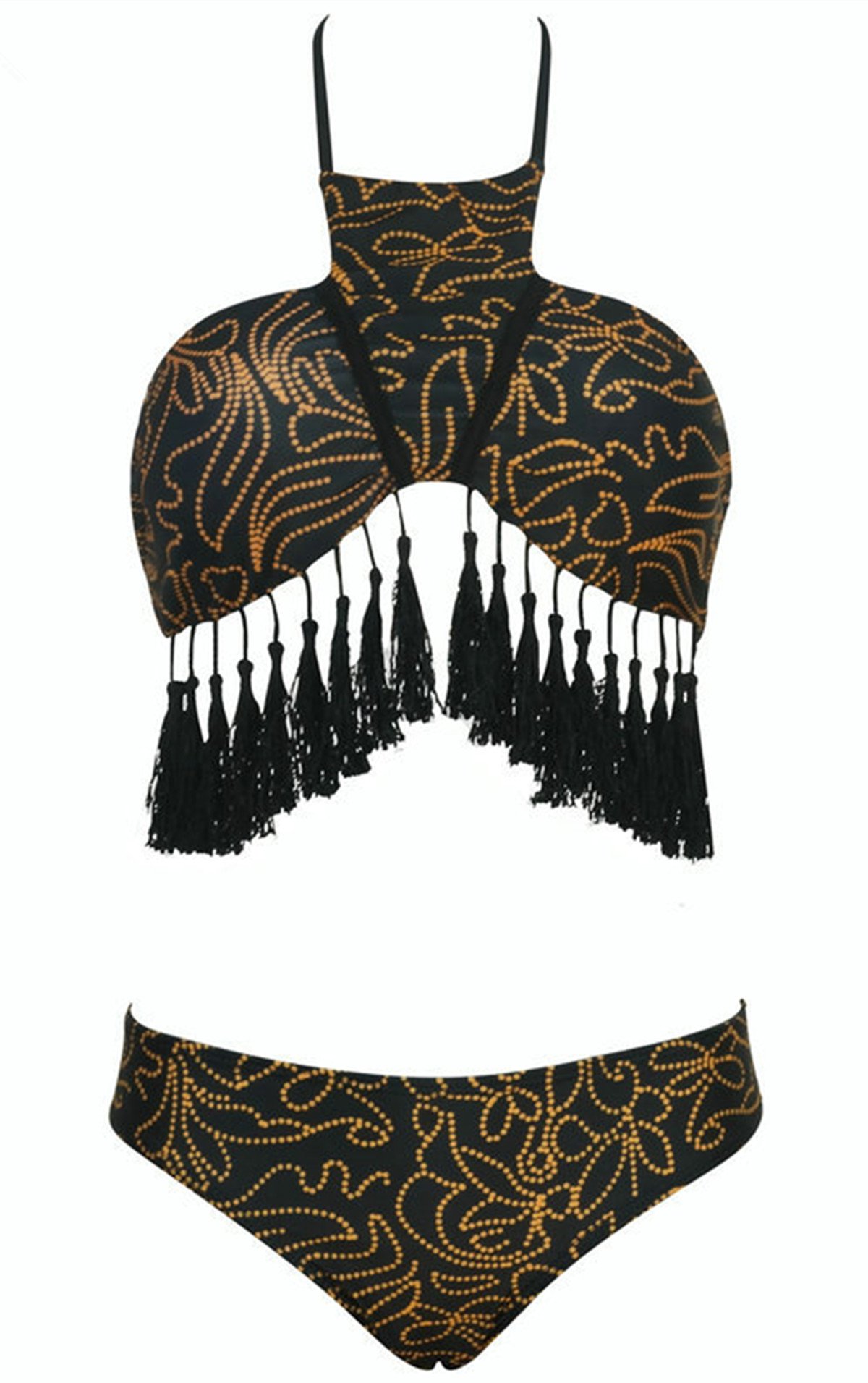 SKST Women Sexy Bikini Set Halter Print Tassel Push Up Padding Swimsuit Beachwear (S, Black)