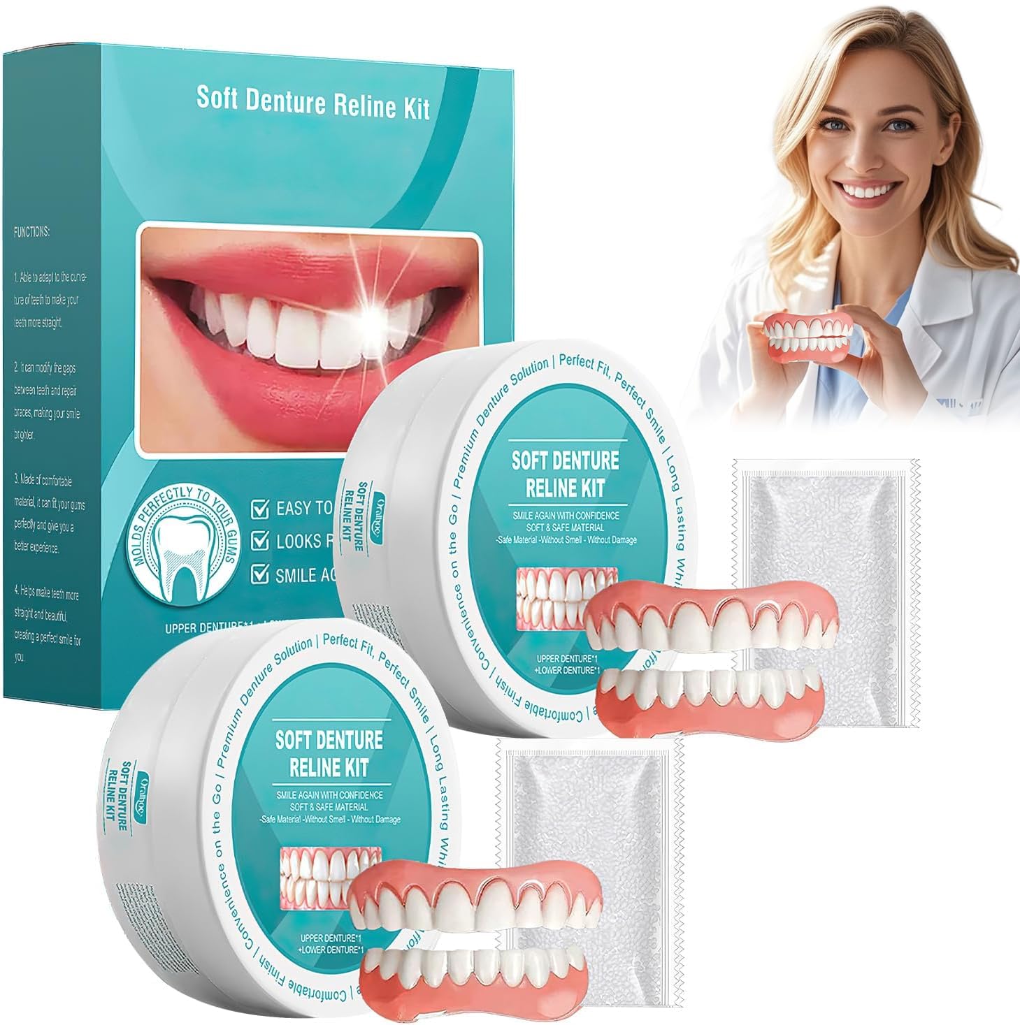 Photo 1 of 2 Pcs Minceetbien Dentures, Minceetbien Silicone Reline Denture Set, Adjustable Snap-in Dentures, Upper and Lower Denture Kit, Comfortable and Waterproof Fake for Instant Smile Restoration