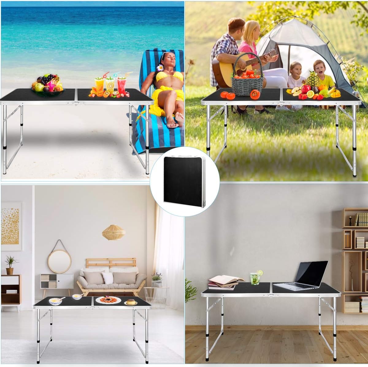 Folding Picnic Table, 4FT Aluminum Height Adjustable Alightweight Portable Handle, Rust Resistance Table for Outdoor Picnic Beach Backyard, 47''x24'', Black: Kitchen & Dining