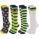 LGFKJNNJ Mardi Gras Socks for Women Mens,4 pairs Knee Thigh High Socks Striped Socks, Novelty Socks Polyester Cotton Mardi Gras Dress Socks,Mardi gras gifts for Women Mens