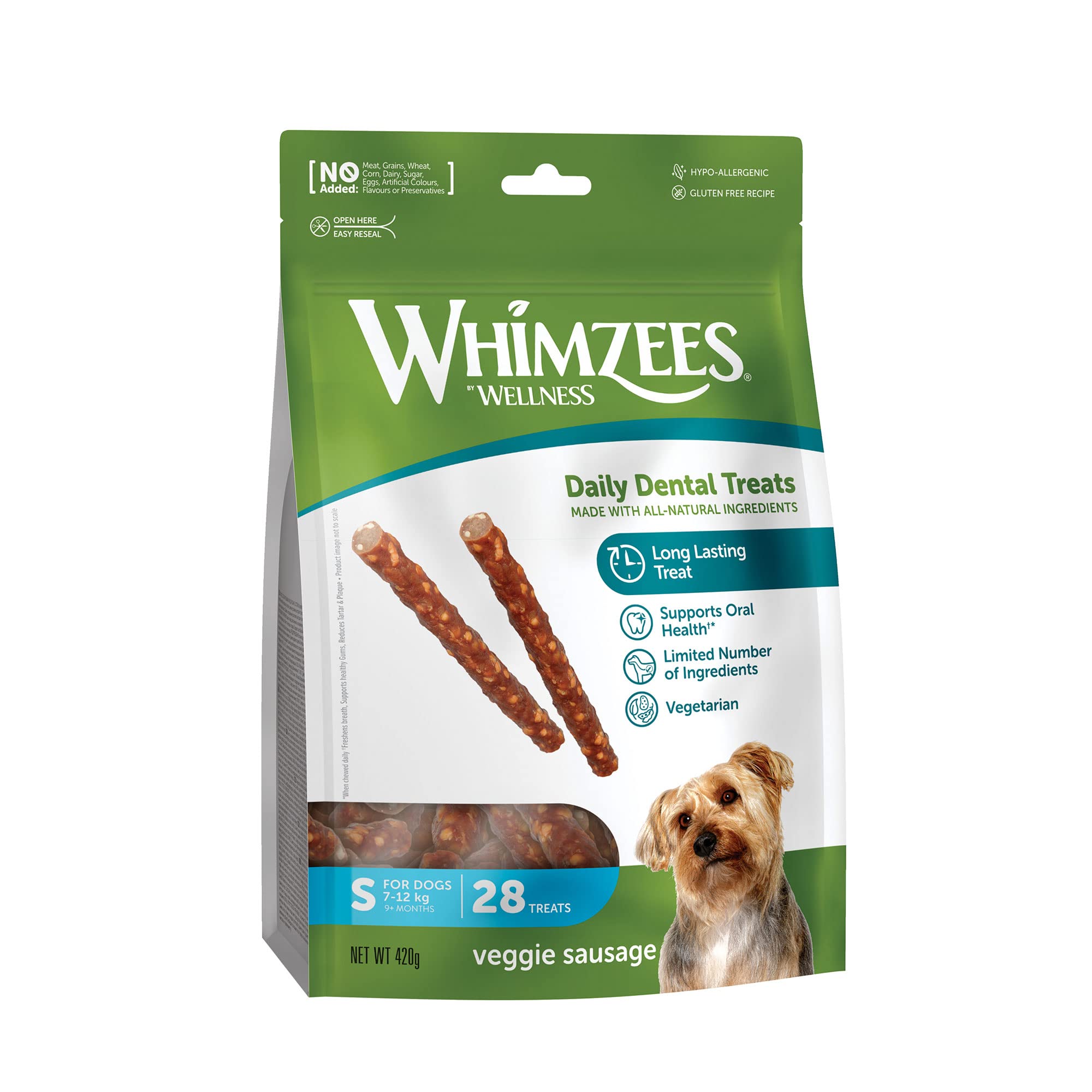WHIMZEES Veggie Sausage S, 28 Pieces – Dog Dental Stix, Size S, Dog Dental Sticks for Small Breeds, Natural and Grain Free, Rawhide-Free, Vegetarian, No Added Sugar