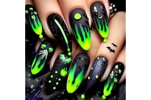 LOPMNGHT Halloween Nails Medium Almond French Dark Night Fluorescent Skull Skeleton Hand Design with Bat Fake Nail Full Cover Artificial Acrylic Coffin Halloween Press on Nails for Women Festival Manicure