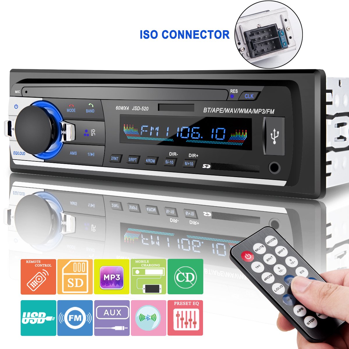 Car Stereo with Bluetooth, Huicocy Universal In-Dash Single Din Car Radio Receiver MP3 Player/USB/SD Card/AUX/FM Radio with Remote Control