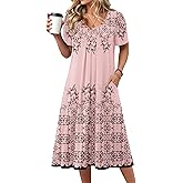 Zeagoo Summer Dress for Women Casual Floral Midi Sundress with Pockets V Neck Pleated Short Sleeve Aline Beach Vacation Dress