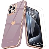 Teageo for iPhone 15 Pro Max Case with Screen Protector [2 Pack] Girl Women Cute Girly Love-Heart Luxury Gold Soft Cover Camera Protection Silicone Shockproof Phone Case iPhone 15 Pro Max, Lavender