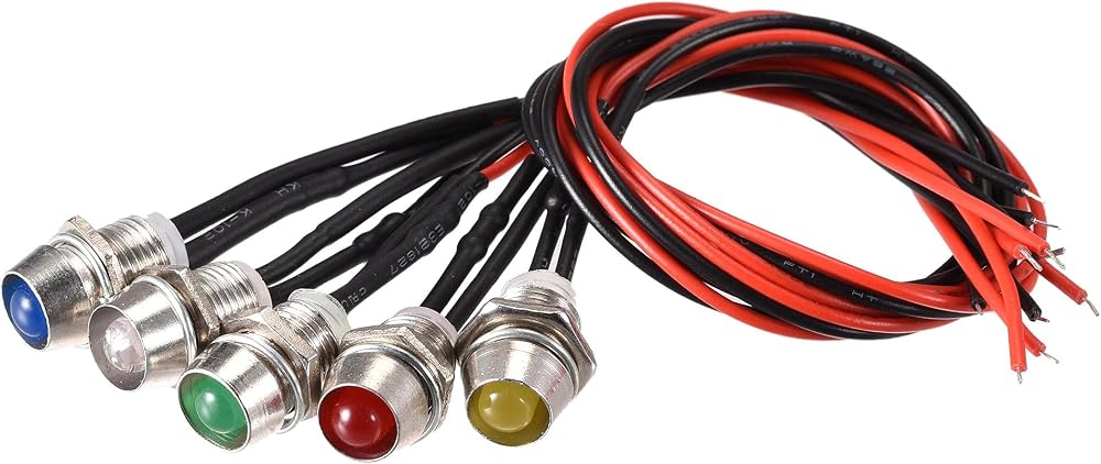 sourcing map 12V LED Indicator Light 8mm Panel Mount Metal Red Yellow Blue