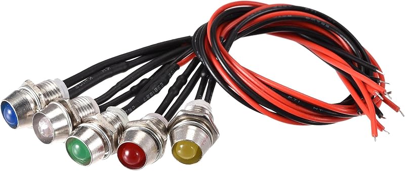 sourcing map 12V LED Indicator Light 8mm Panel Mount Metal Red Yellow Blue