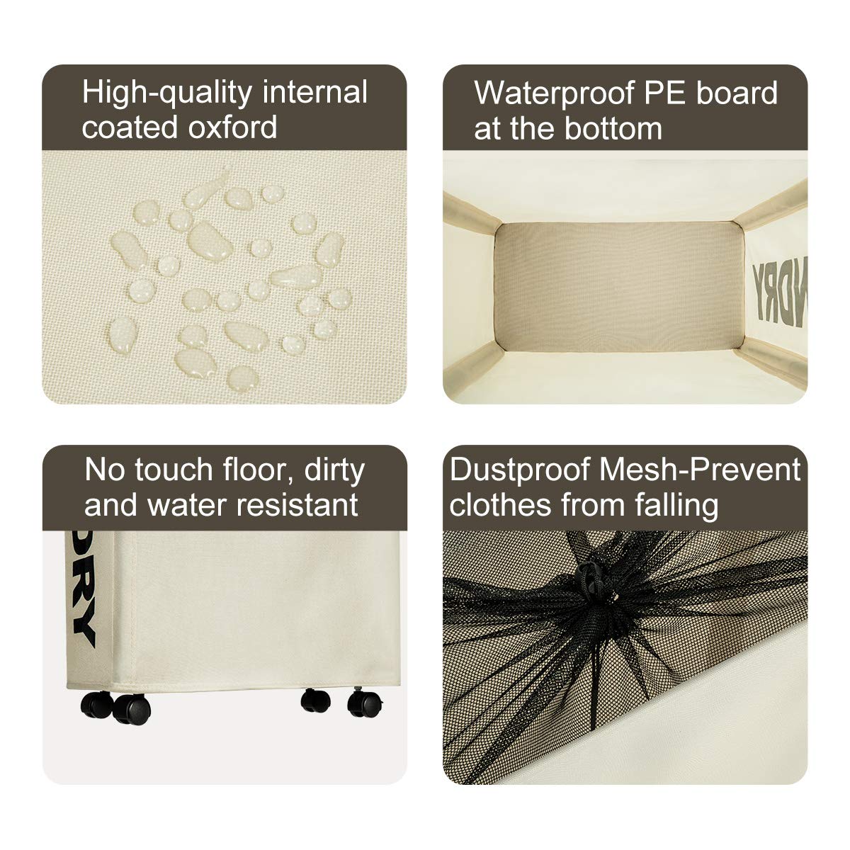 WOWLIVE Slim Laundry Basket Hamper on Wheels Collapsible Rolling Foldable Laundry Bin 44L（Beige）