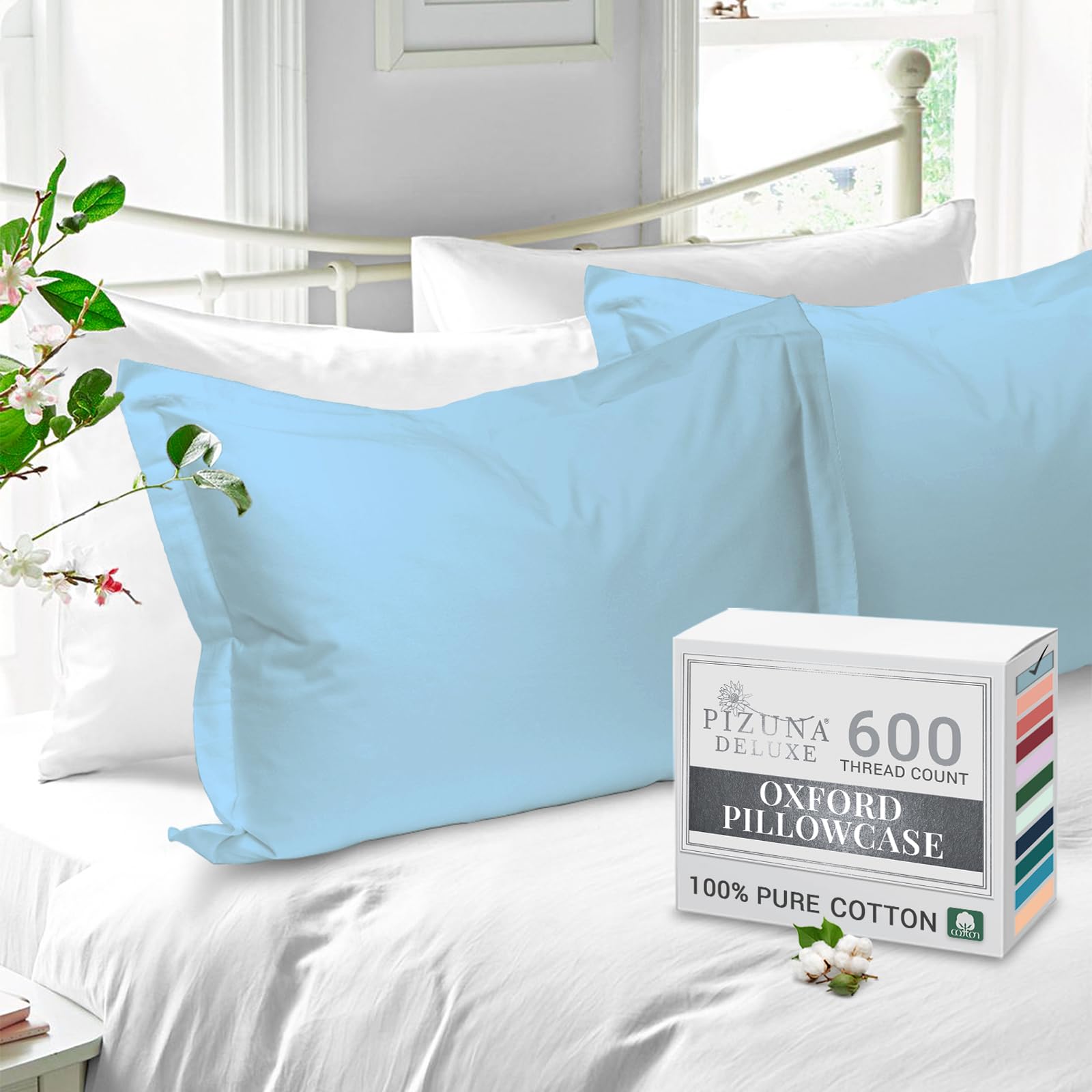 Pizuna Pure Cotton King Size Oxford Pillowcases 2 Pack Baby Blue 50x90cm, 600 Thread Count Long Staple Combed Cotton Crispy Soft Pillow Cover, Sateen King Pillow Cases — image 1