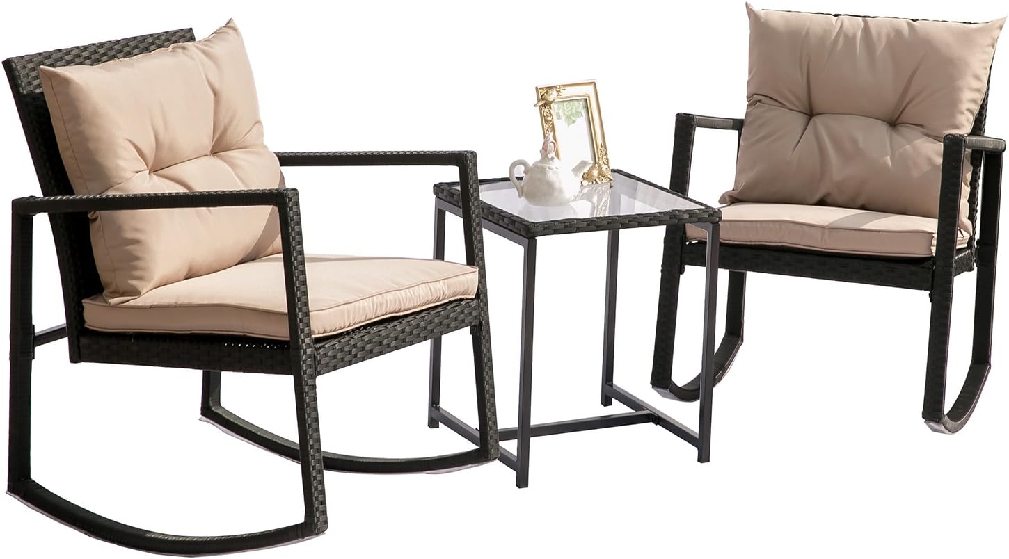 Amazon Com Hq Outdoor Rocking Chairs Set 2 Black Chairs With Glass Coffee Table Brown Cushion Rattan Bistro Set Rattan Wicker Chairs Sets Outdoor Wicker Rattan Chairs And Table 3 Pcs Rattan Patio Furniture