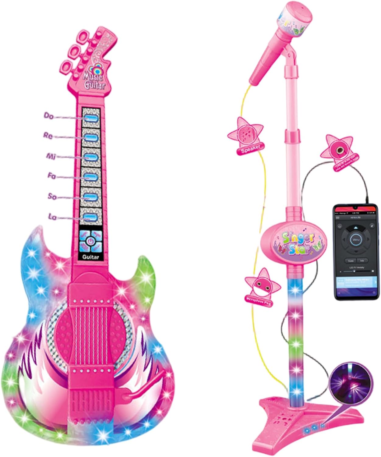 Kids Toy Guitar & Mic - 2 in 1 with Music Light Adjustable Stand, Learning Instrument for Children