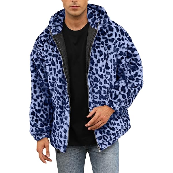 Mens Leopard Fleece Jackets Faux-Fur Hood Fuzzy Outerwear Unisex