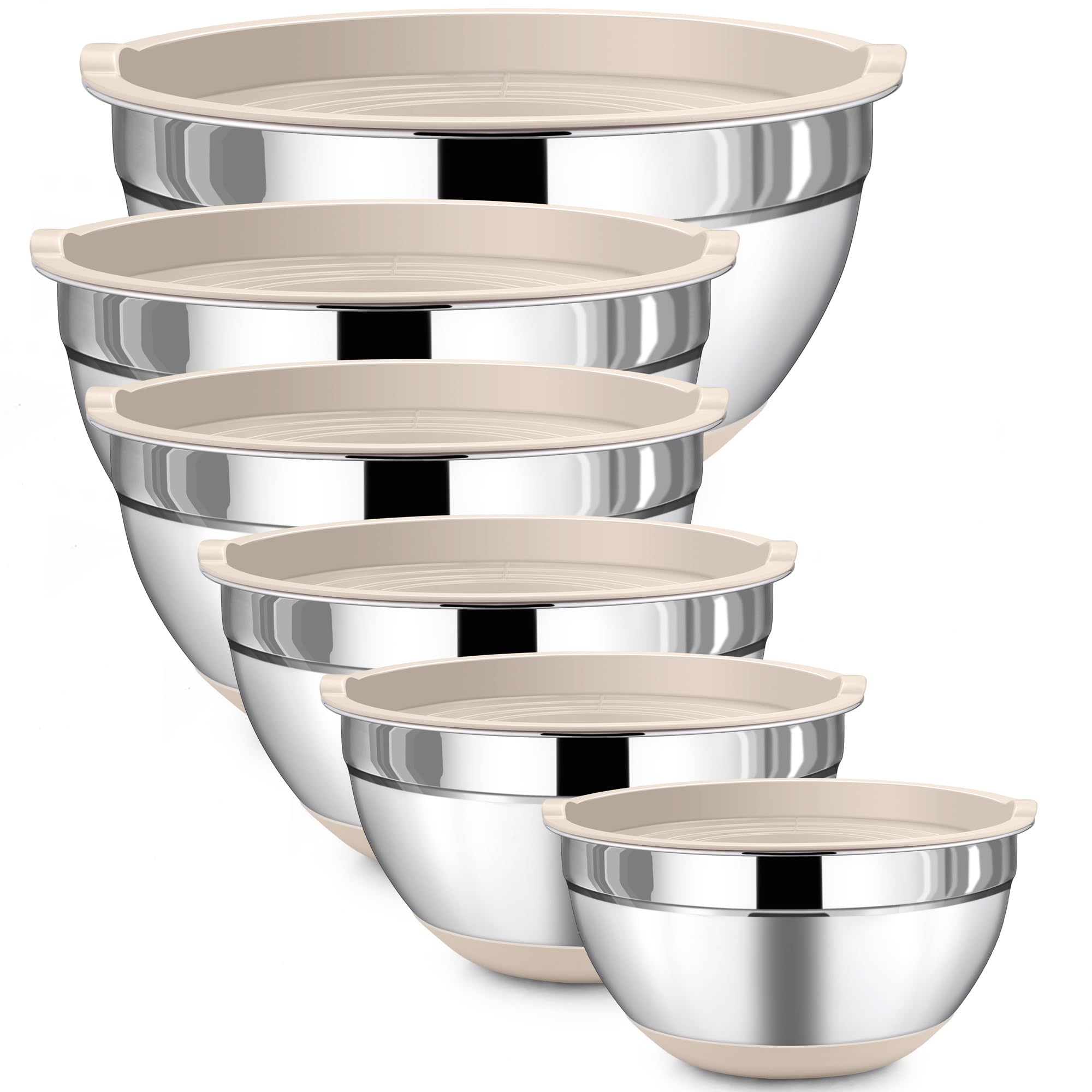 Photo 1 of LIANYU Stainless Steel Mixing Bowls Set with Airtight Lids, 6 Piece Nesting Metal Bowls for Kitchen Baking Cooking Serving Food Storage, Size 7, 3.5, 2.5, 2, 1.5, 1QT, Non-slip Bottom, Khaki