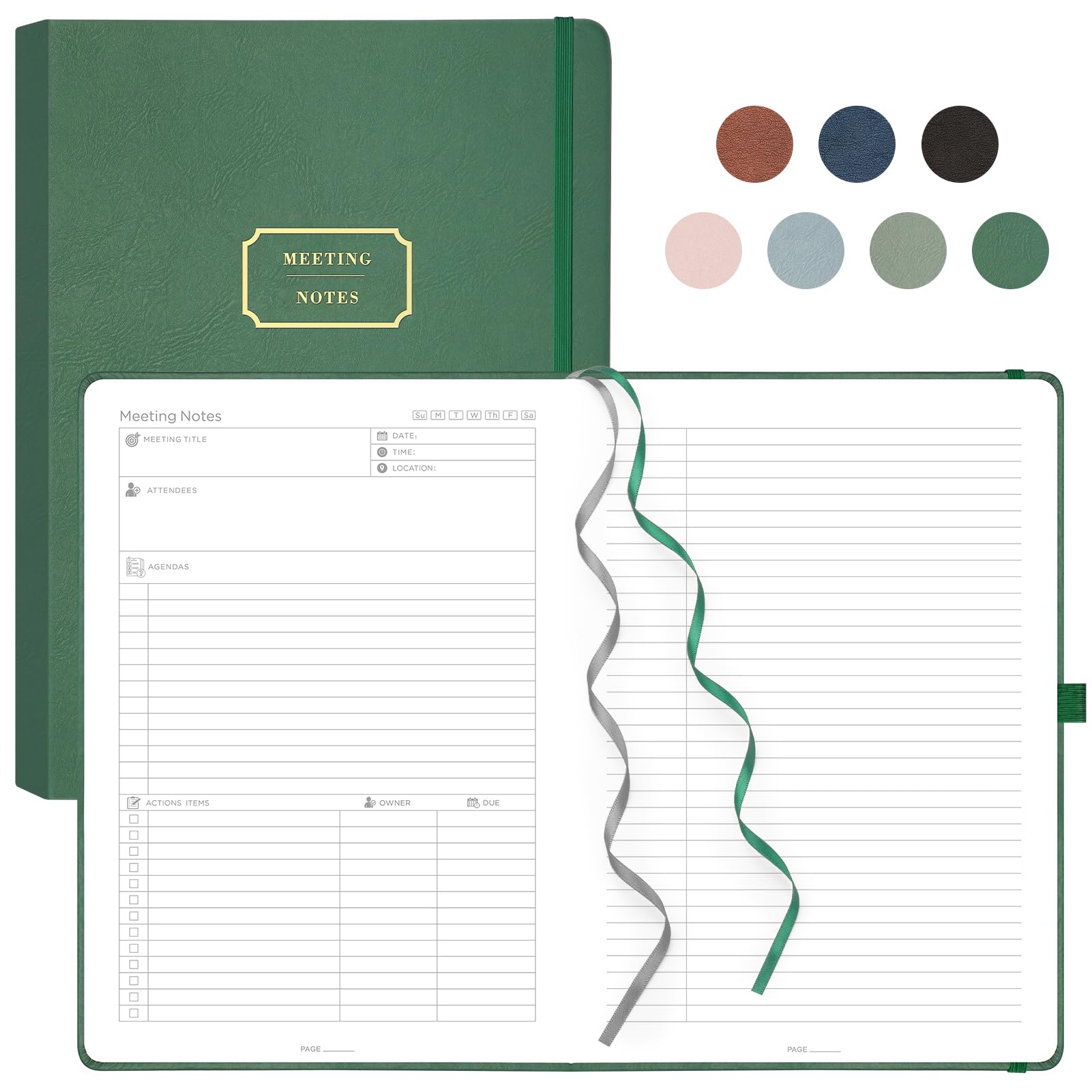EMSHOI Meeting Notebook for Work with Action Items - 240 Pages, A4 Business Planner, PU Leather Meeting Minutes to Do List Notebook Project Notepad Journal for Women Men, 21.5 x 29cm, DarkGreen — image 1