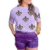 Mardi Gras T Shirts for Women Crewneck Short Sleeve Sequin Graphic T-Shirt Casual Tee Tops