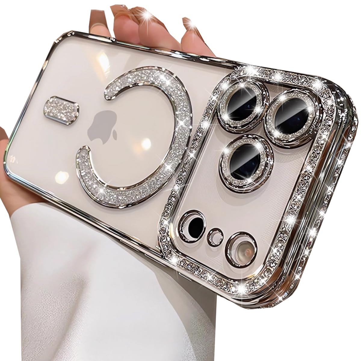 Changjia Magnetic Clear Glitter Case for iPhone 17 Pro Max,[Compatible with MagSafe] Cute Bling Sparkly Diamond Rhinestone with Camera Protector TPU Bumper Women Girl Case for iPhone 17 Pro Max,Silver