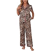 BEAUDRM Women's 2 Piece Stain Pajama Set Leopard Button Front Long Sleeve Cheetah Top and Pants Sleepwear Pjs Set