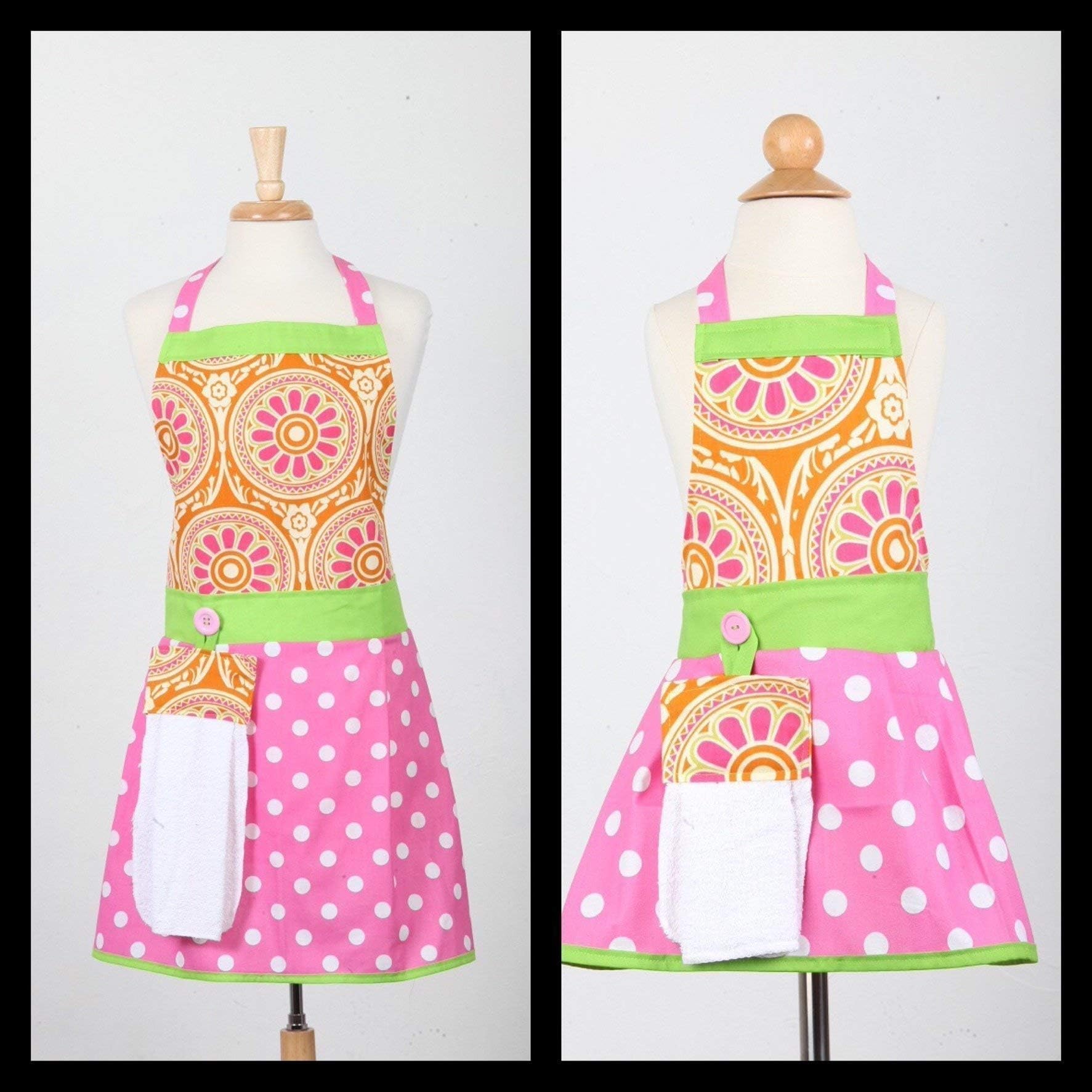 Mother Daughter aprons, Mommy and Me Apron set, The Bedford Life aprons: Women's apron (One Size) Kids/Girls apron S M L (Age 2-13) Pink and Orange 100% Cotton: Aprons, Matching aprons