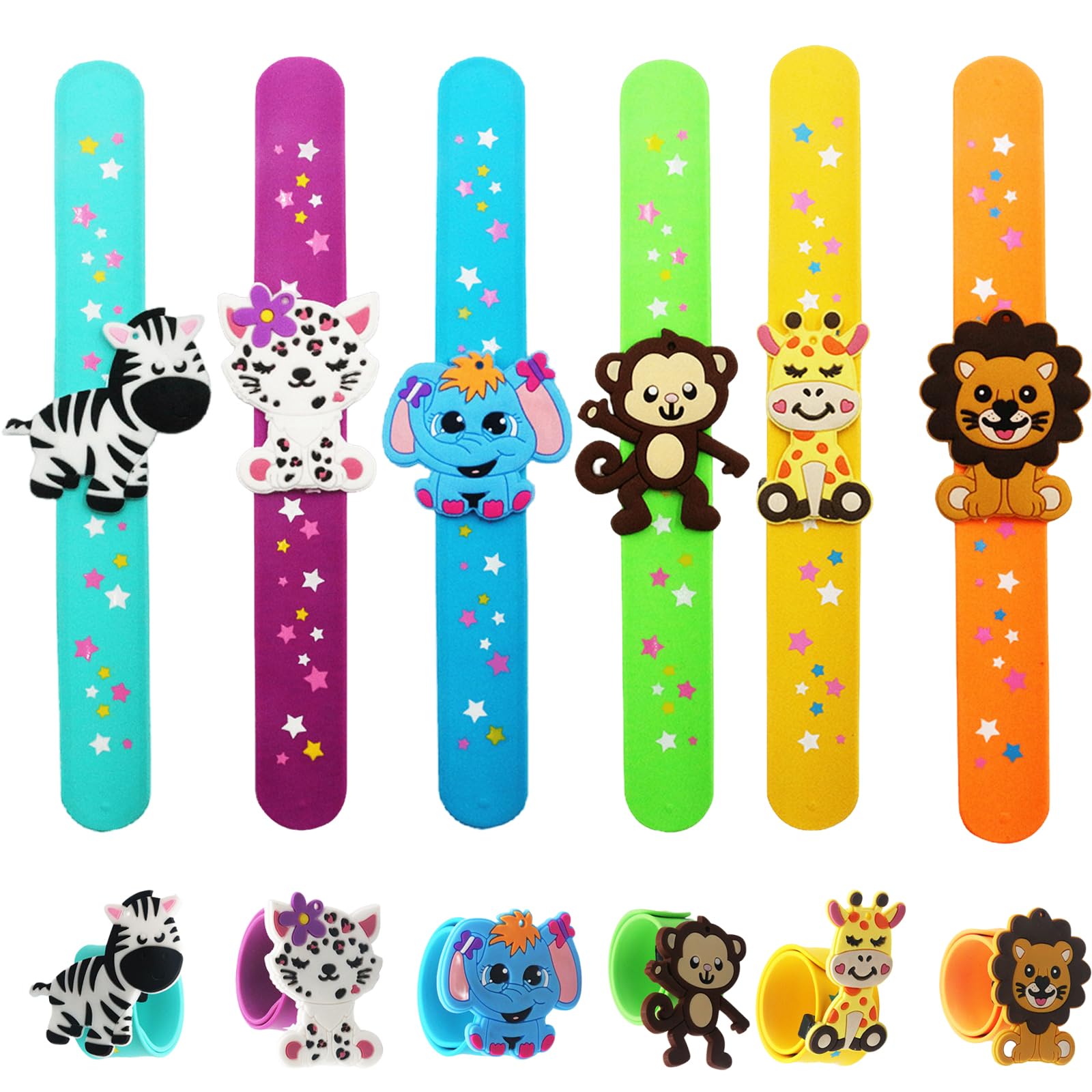 6P Jungle Safari Animal Silicone Slap Bracelets,Snap Bracelet Bands,Animal Party Bag Fillers,Cute Silicone Wristbands for Kids Birthday Gifts,Jungle AnimalTheme Party Supplies,Classroom Prize Gifts