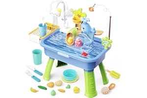 SHXYKZ Water Table for Toddlers 1-3, Water Table for Kids Ages 4-8 with Pump, Play Sink with Running Water, Kitchen Sink for Toddlers, Fishing Game and Outside Sensory Toys, Blue