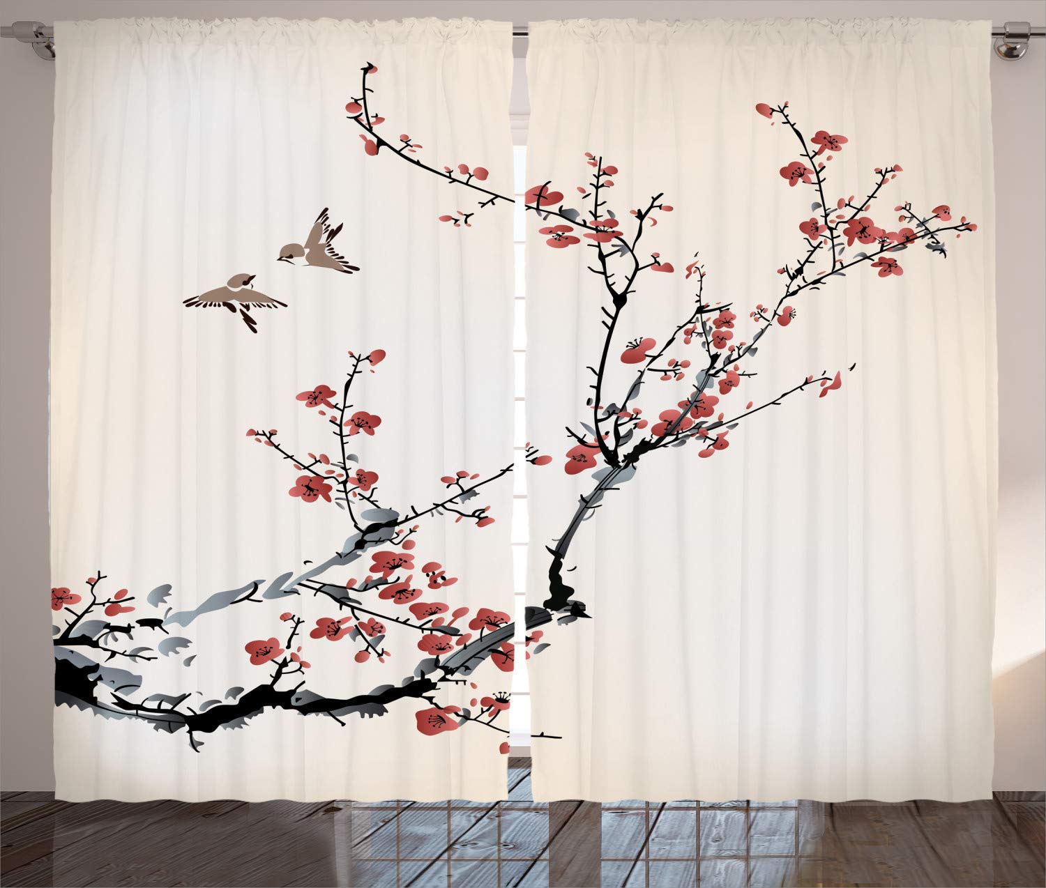 ABAKUHAUS Nature Curtains, Cherry Branches Flowers Buds and Birds Style Artwork Painting Effect, Living Room Bedroom Window Drapes 2 Panel Set, 280 x 175 cm, Black Burgundy