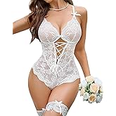 Aranmei Sexy Lingerie for Women Lace Bodysuit One Piece Deep V Babydoll Lingerie with Thigh Bands X-L