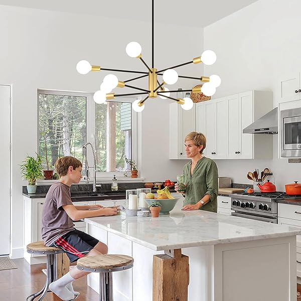 AMZASA SPUTNIK CHANDELIERS CEILING LIGHT FIXTURE, 12 LIGHTS MODERN FARMHOUSE CHANDELIER BLACK AND GOLD MID CENTURY PENDANT LIGHT FOR DINING ROOM, LIVING ROOM, KITCHEN ISLAND ENTRYWAY FOYER, UL LISTED