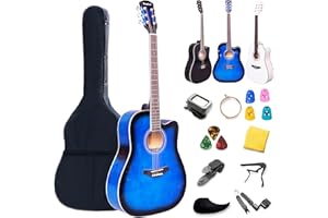 Rosefinch Acoustic Guitar for Adult Student Beginner Full Size 41 inch Dreadnought Cutaway Guitarra Acústica Starter Bundle Kit with Bag Tuner Strap Picks Strings Pickguard Capo String Winder-41''Blue