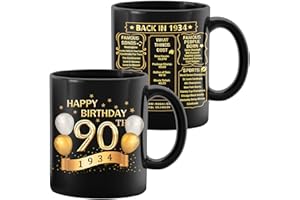 MISAIDOU 90th Birthday Gifts for Men Women - 1934 Old Time Information - 90th Birthday Mug - 90th Birthday For Him & Her - Unique Funny 90th Bday Gift Idea - Milestone Birthday - 12oz - Black Gold