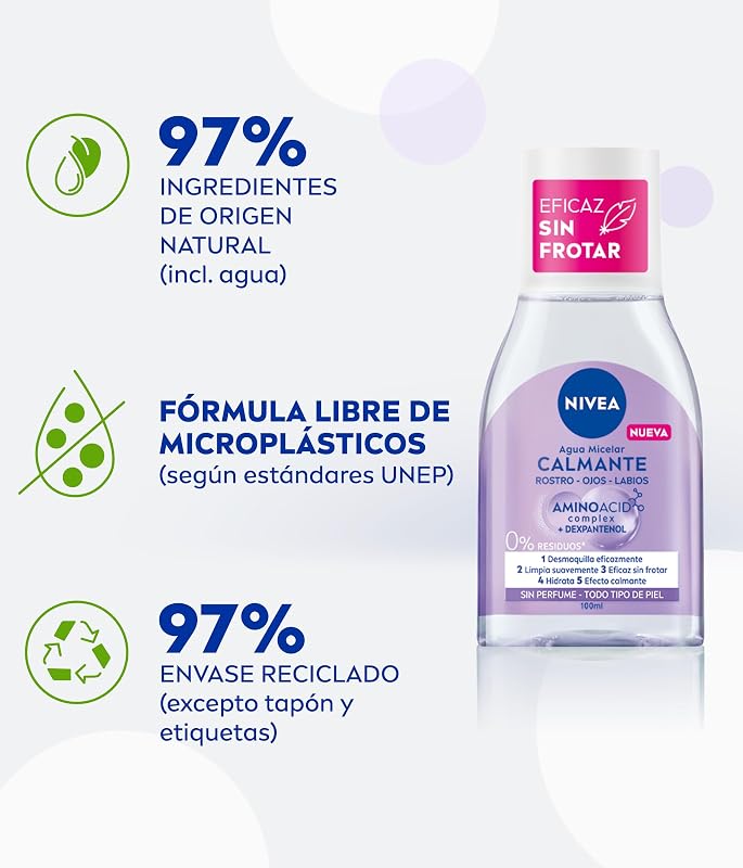 Agua Micelar Calmante Mini - Desmaquillante Facial - Con Dexpantenol - Desmaquillador Ojos, Rostro y Labios - Limpia Sin Frotar - Hidrata - Calmante - Todo Tipo de Piel - Pack de 12 x 100 ml