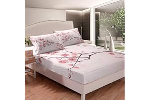 Feelyou Cherry Blossoms Bed Sheet Set Sakura Flowers Branch Fitted Sheet Pale Pink Bedding Set for Girly Girls Teens Kids Child,Japanese Spring Bed Cover Twin Size 1 Bed Sheet SetWith 1 Pillow Case