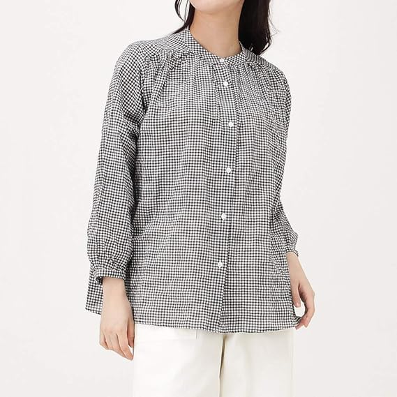 Amazon ブラウス 七分袖 シャツ レディース 7分袖 シャーリング 前開き ストライプ チェック 680 1065 7mh ブラック L シャツ ブラウス 通販