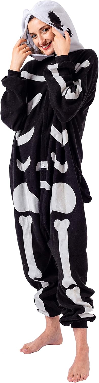 Spooktacular Creations Unisex Adult Pajama Plush Onesie One Piece Skeleton Costume: Clothing