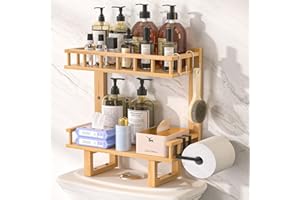 Cozivolife Bamboo Over The Toilet Storage Shelf,Non-Trace Adhesive Bathroom Organizer Shelf with Toilet Paper Rolls Holder and Hooks, above Toilet Storage Rack Space Saver (Natural, M)