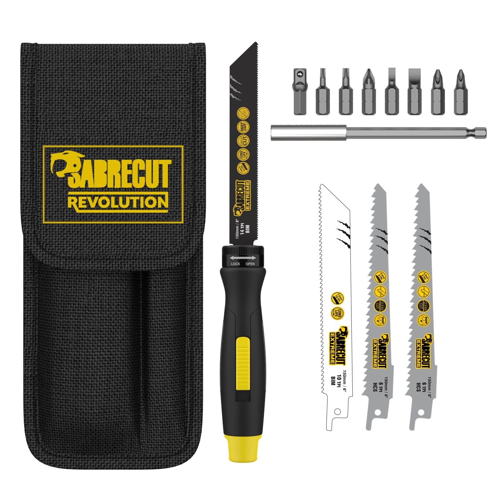 15 x SabreCut SCRS01 4 in 1 Saw & Screwdriver Set High Torque Adjustable Quick Change Driving Handle, Screwdriver Bits, Hex to Square Adapter, Extension Bar, Blades & Pouch