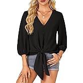 LYANER Women's Casual V Neck Tops 3/4 Sleeve Tie Knot Blouses Solid Button Down Summer Shirts