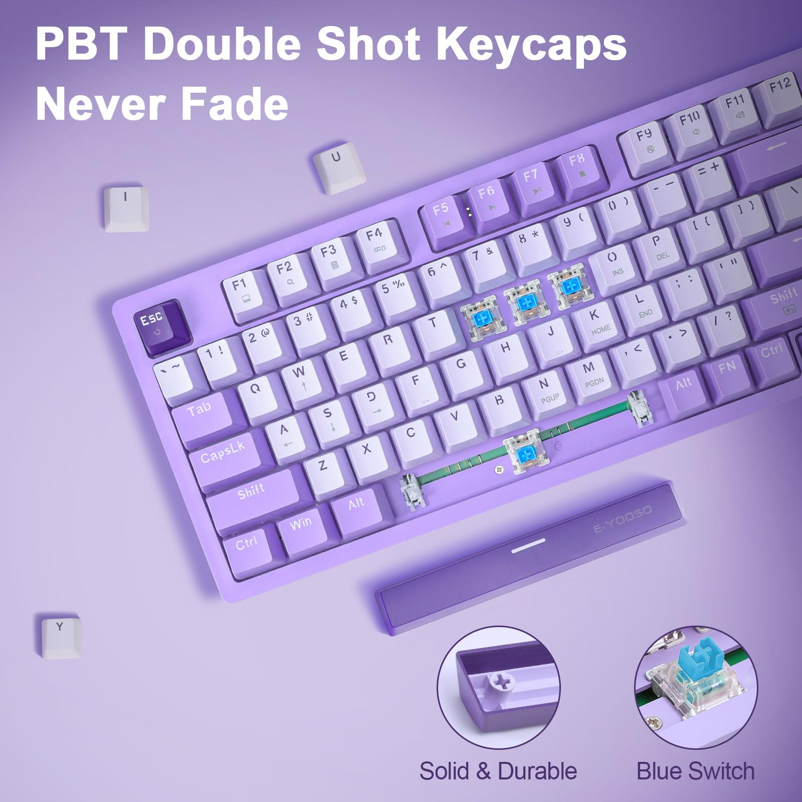 HUO JI Mechanical Gaming Keyboard USB Wired Compact with Number Pad, Purple Led Backlit, Blue Switch, Detachable Type C Cable, 94 Keys for PC/Computer/Laptop, White and Purple