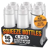 6-Pack Inverted Condiment Squeeze Bottles for Sauces 16 oz, Squirt Bottles | Reusable Sauce Bottles, Salad Dressing Bottles for Ketchup, Mustard, Mayo and BBQ; Wide Mouth, Self-Closing Valve, Gaskets