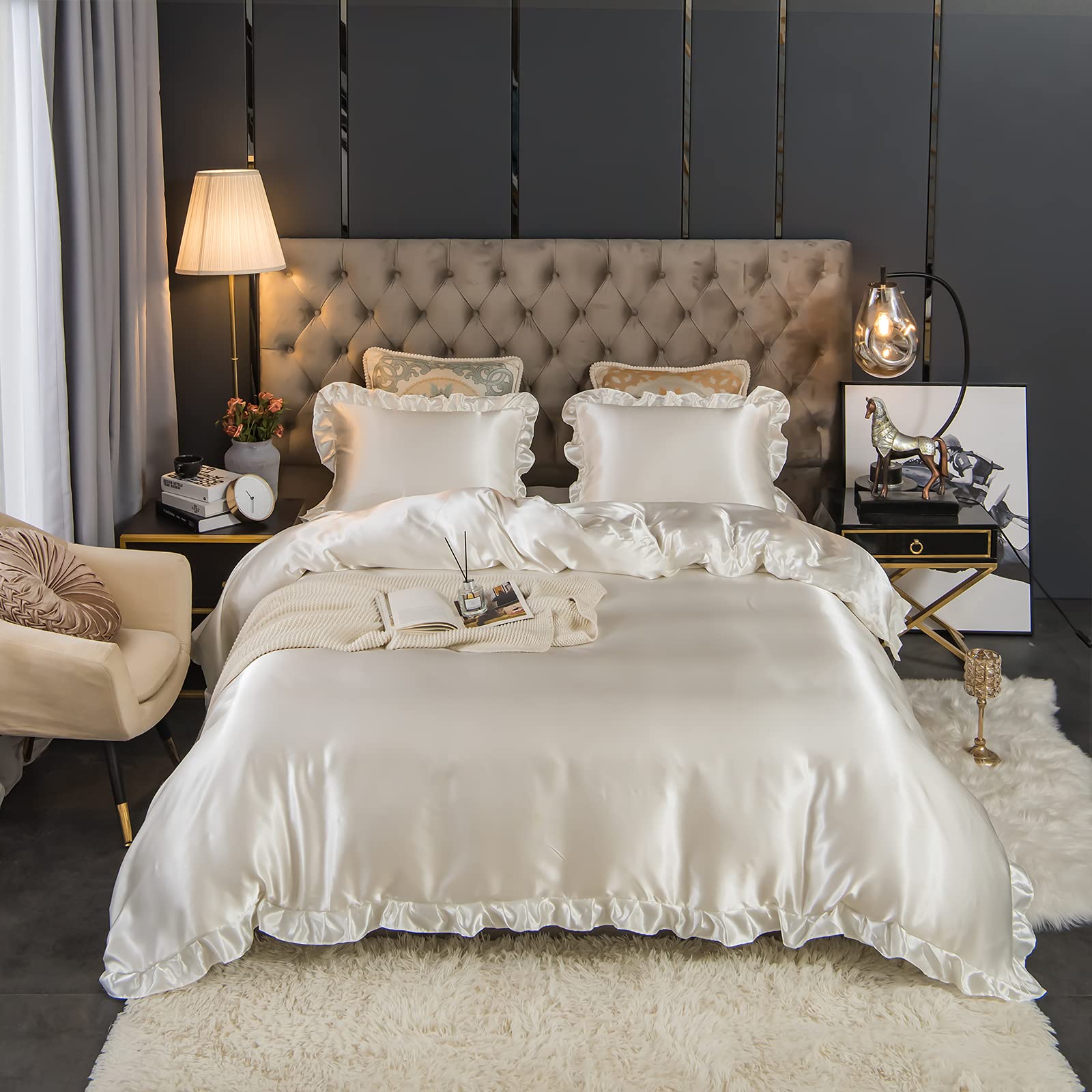 Photo 1 of Bedding_Dreamer Satin Duvet Cover White Bed Silky Ruffle Fringe Design Chic Boho Beddings Set Queen with 2 Pillow Shams